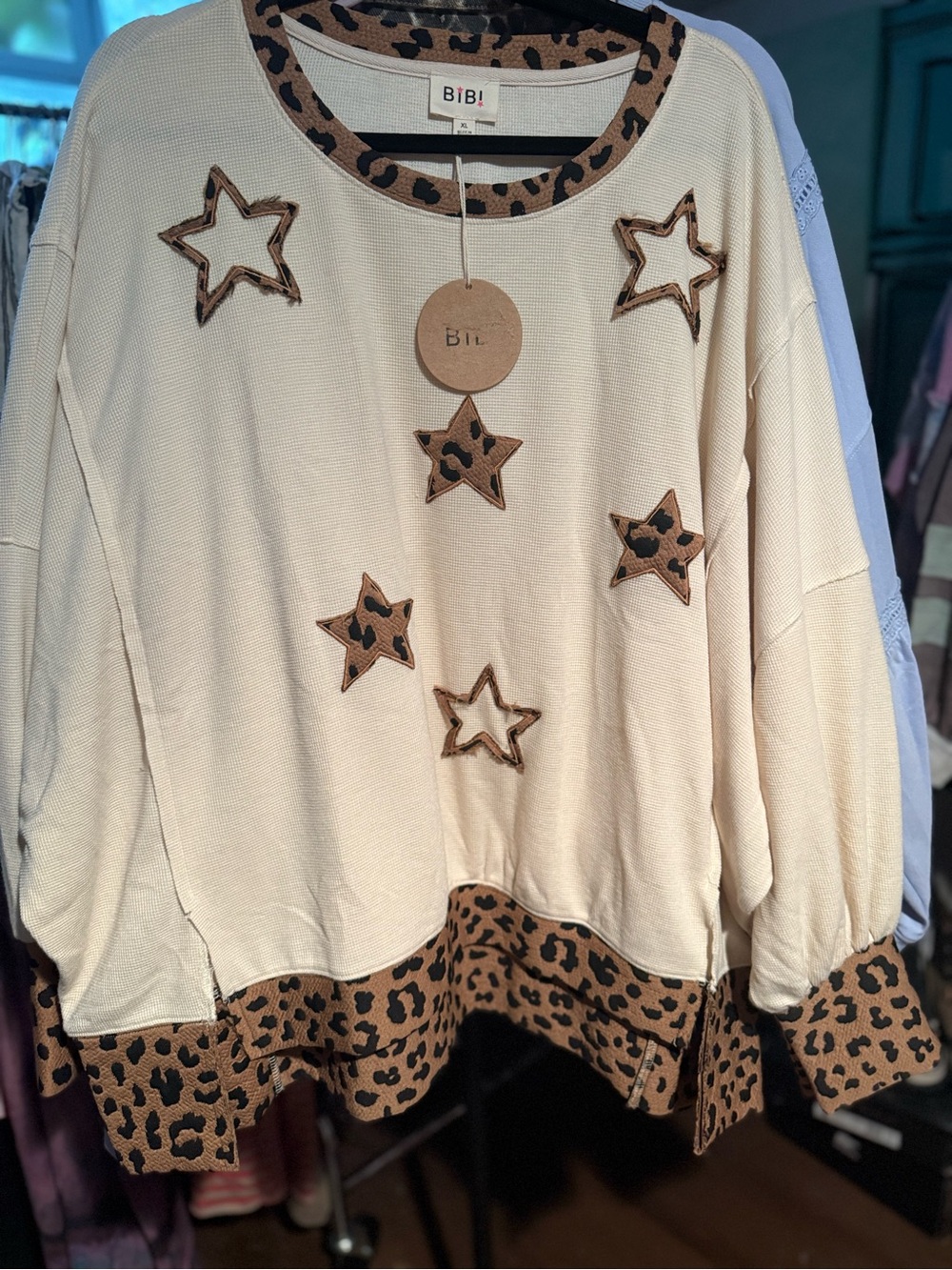 BiBi Cream Crewneck Top with Leopard Trim